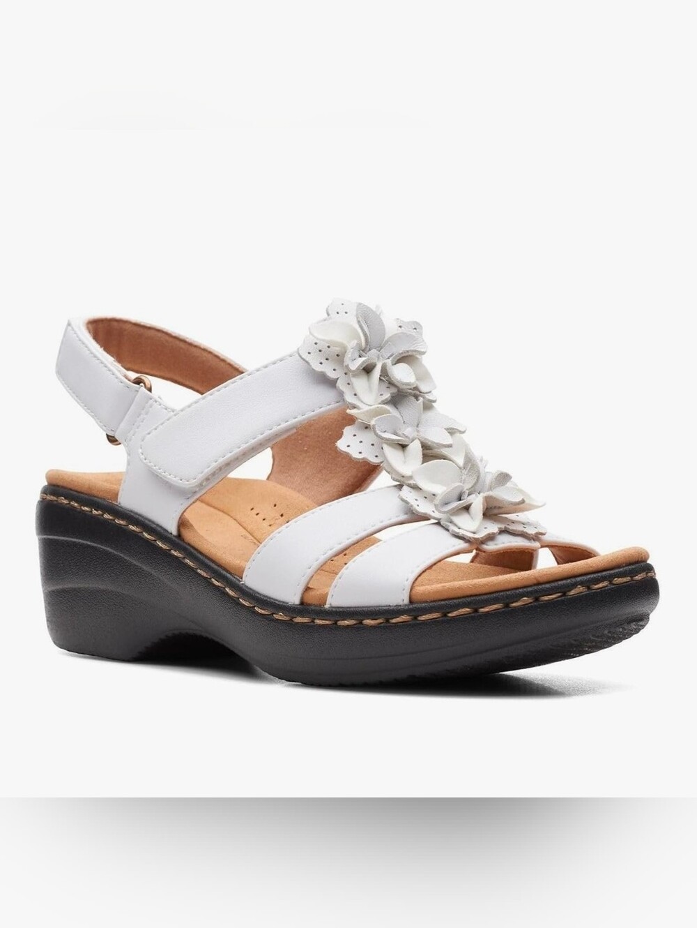 Clarks White Floral Strap Sandals with Black Sole